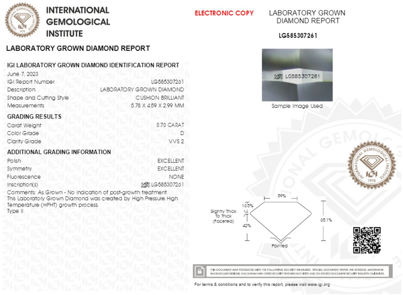 Diamante de Laboratorio Cultivado Corte Cushion 0.70qt - D - VVS2 - Certificado IGI
