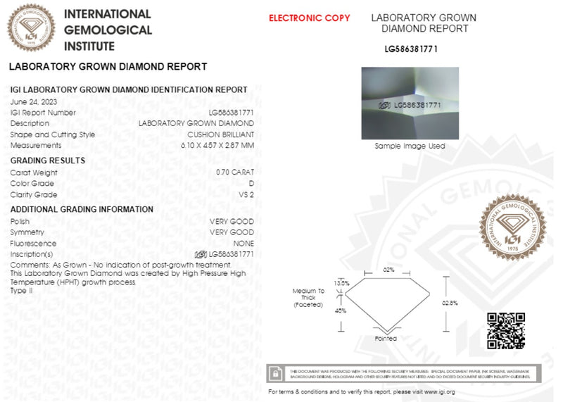 Diamante de Laboratorio Cultivado Corte Cushion 0.70qt - D - VS2 - Certificado IGI