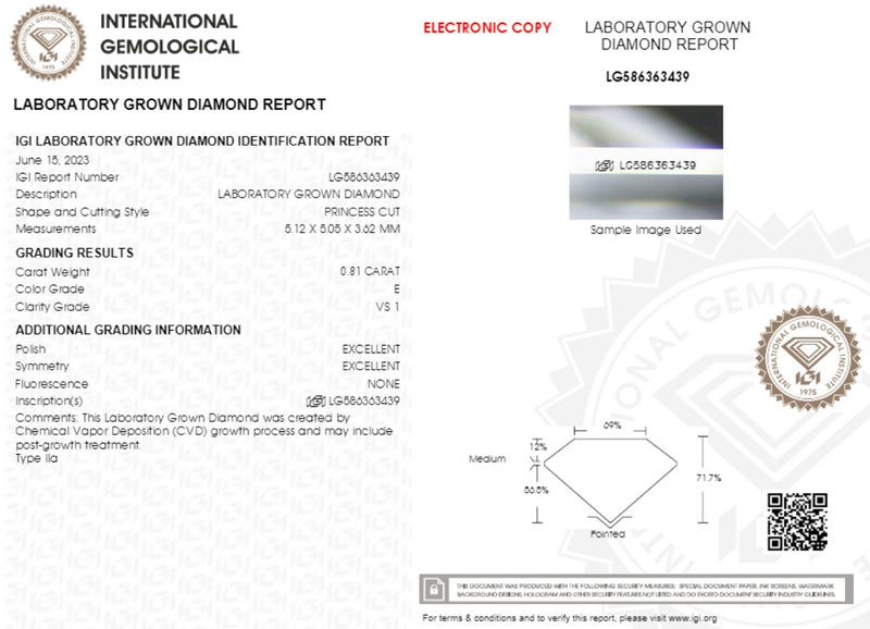 Diamante de Laboratorio Cultivado Corte Princesa 0.81qt - E - VS1 - Certificado IGI