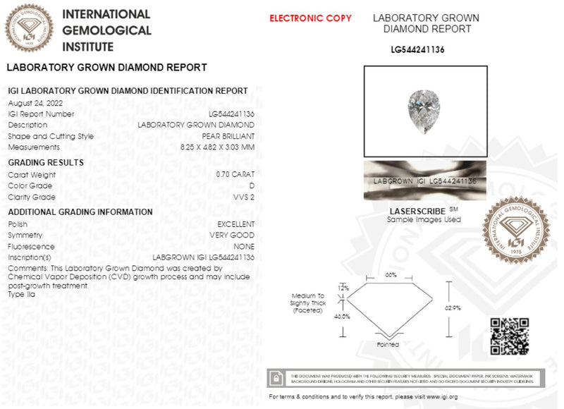 Diamante de Laboratorio Cultivado Corte Pera 0.70qt - D -VVS2 - Certificado IGI