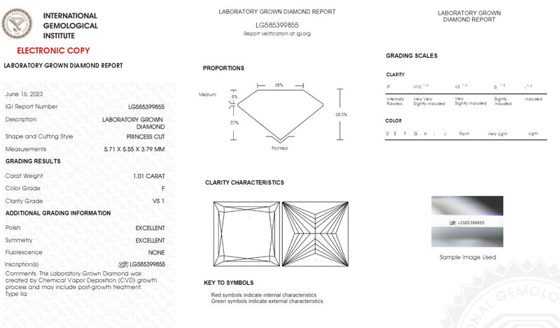 Diamante de Laboratorio Cultivado Corte Princesa 1.00qt - F  - VVS2 - Certificado IGI