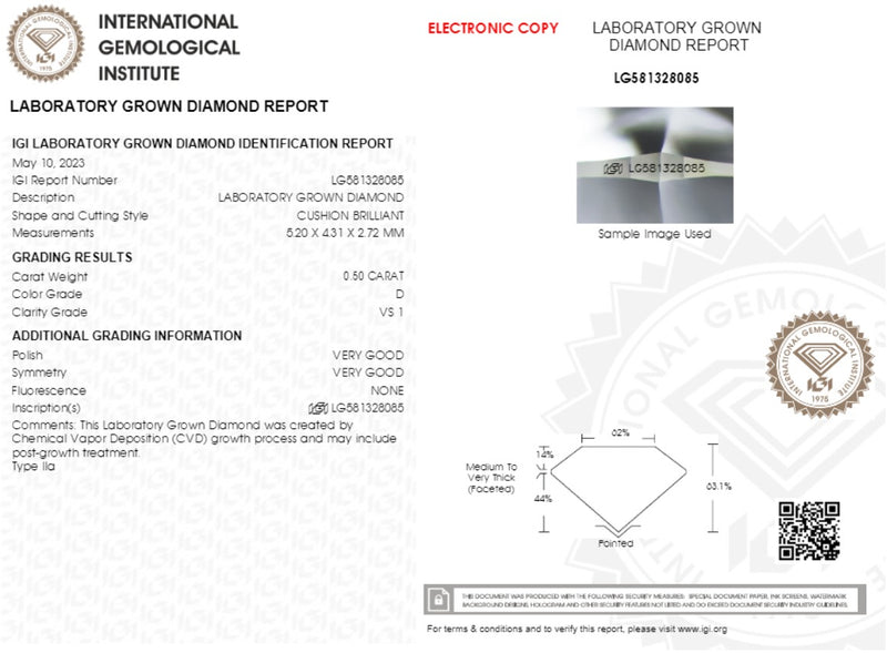 Diamante de Laboratorio Cultivado Corte Cushion 0.50qt - D - VS1 - Certificado IGI
