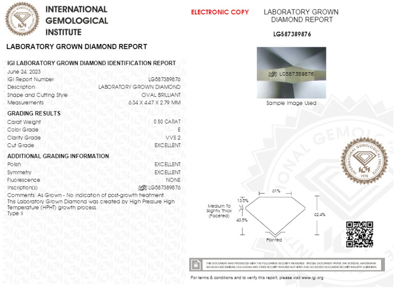 Diamante de Laboratorio Cultivado Corte Ovalado 0.50qt - E - VVS2 - Certificado IGI