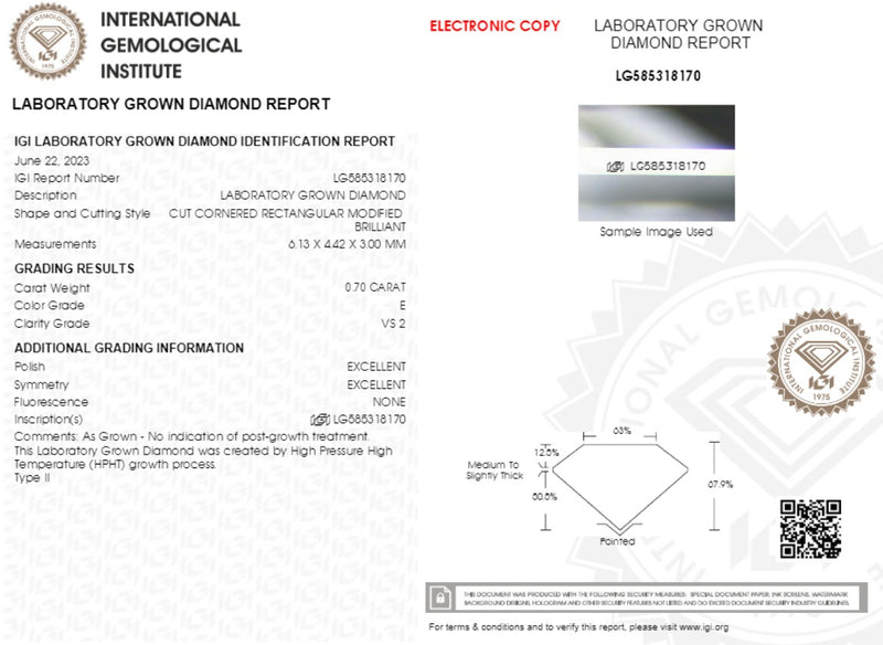 Diamante de Laboratorio Cultivado Corte Radiant 0.70qt - E - VS2 - Certificado IGI