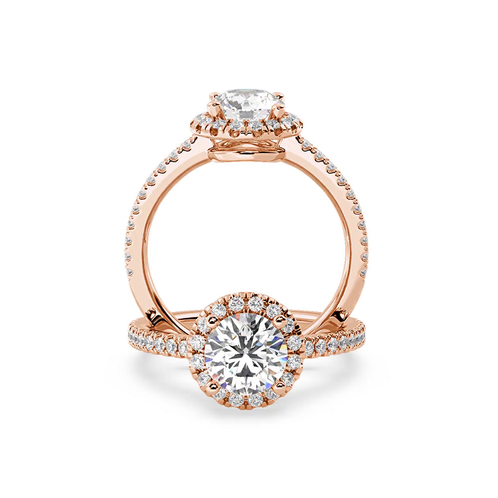 Anillo de Compromiso Halo y Pavé "Nova" con Diamante de Laboratorio Corte Redondo de 0.50qt (D/E-VVS2/VVS1) en Oro de 14K