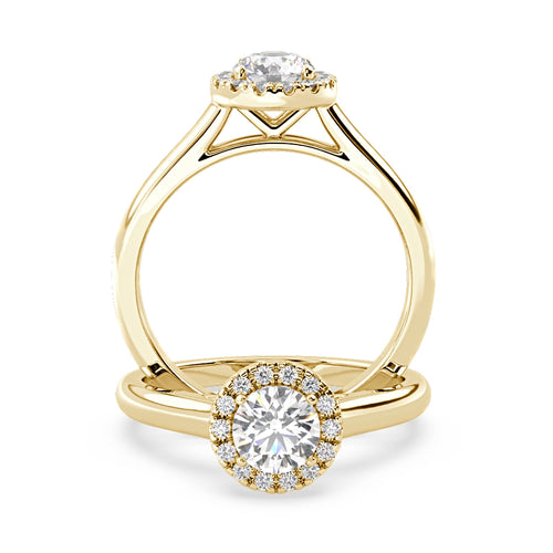 Anillo de Compromiso Halo &quot;Flare&quot; con Diamante de Laboratorio Corte Redondo de 0.50qt (D/E-VVS2/VVS1) en Oro de 14K