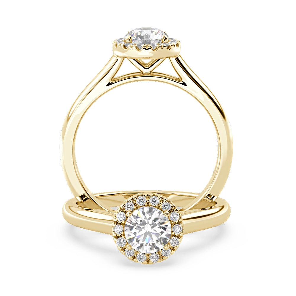 Anillo de Compromiso Halo "Flare" con Diamante de Laboratorio Corte Redondo de 0.50qt (D/E-VVS2/VVS1) en Oro de 14K