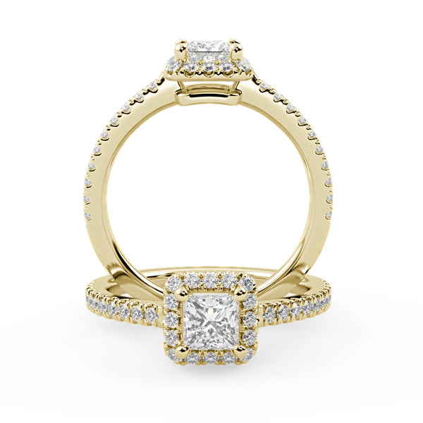 Montura Para Anillo de Compromiso Halo y Pavé "Princess" en Oro Amarillo de 14K