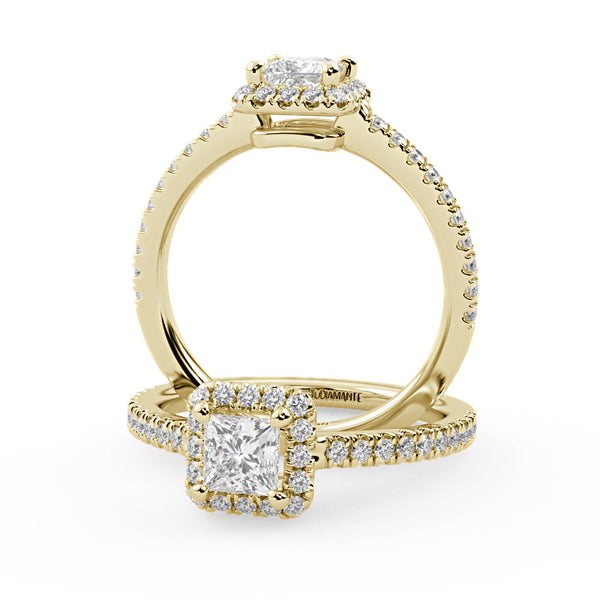 Montura Para Anillo de Compromiso Halo y Pavé "Princess" en Oro Amarillo de 14K