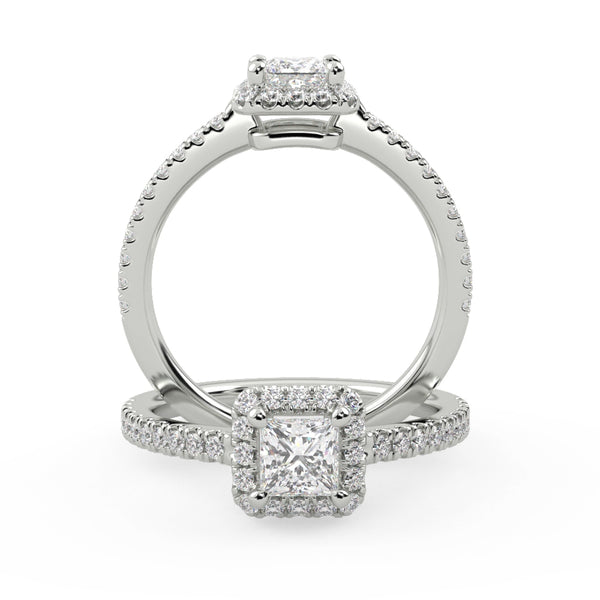 Montura Para Anillo de Compromiso Halo y Pavé "Princess" en Oro Blanco de 14K