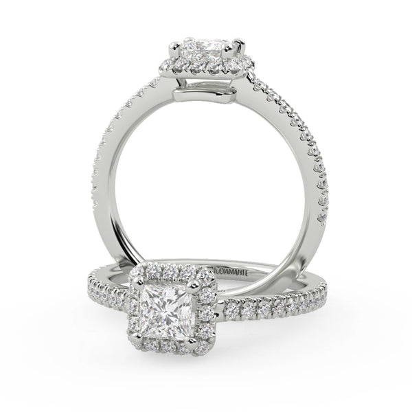 Montura Para Anillo de Compromiso Halo y Pavé "Princess" en Oro Blanco de 14K