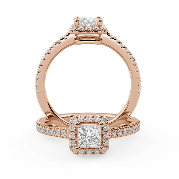 Montura Para Anillo de Compromiso Halo y Pavé "Princess" en Oro Rosa de 14K