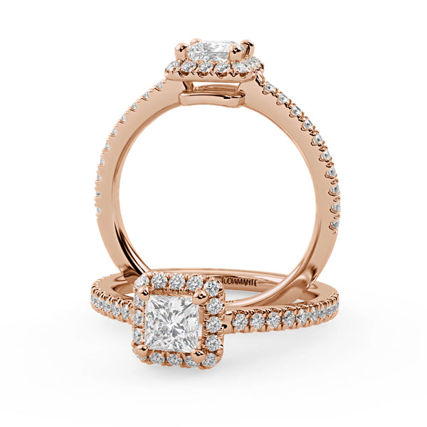Montura Para Anillo de Compromiso Halo y Pavé "Princess" en Oro Rosa de 14K