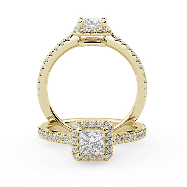 Montura Para Anillo de Compromiso Halo y Pavé "Princess" en Oro Amarillo de 14K