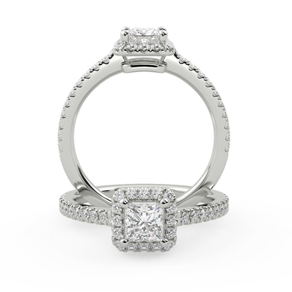 Montura Para Anillo de Compromiso Halo y Pavé "Princess" en Oro Blanco de 14K