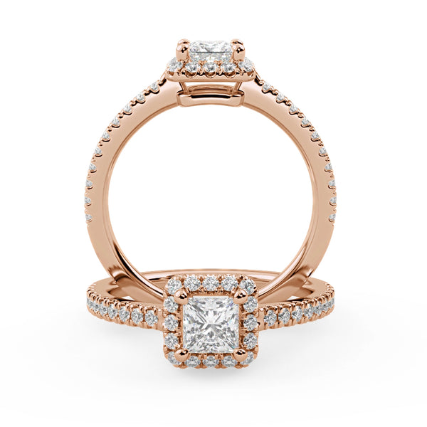 Montura Para Anillo de Compromiso Halo y Pavé "Princess" en Oro Rosa de 14K