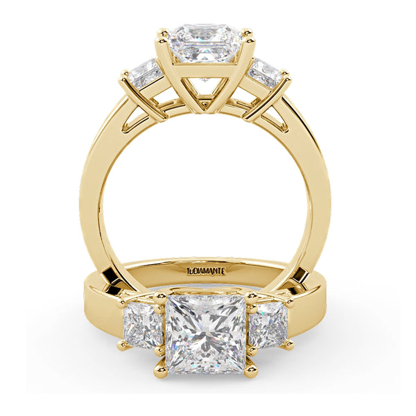 Montura Para Anillo de Compromiso Tres Piedras "Olympia" en Oro Amarillo de 18K