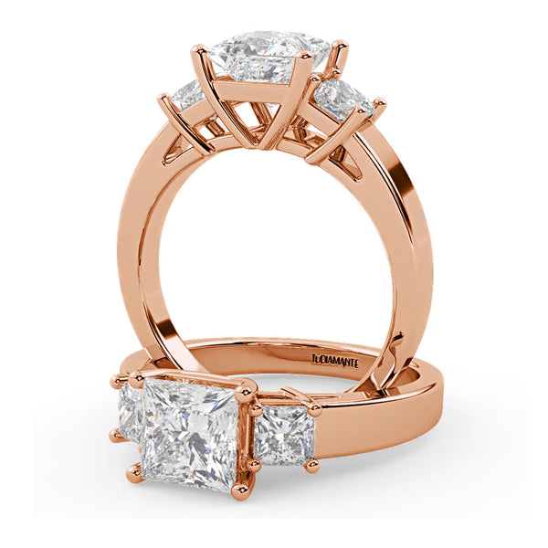 Montura Para Anillo de Compromiso Tres Piedras "Olympia" en Oro Rosa de 14K