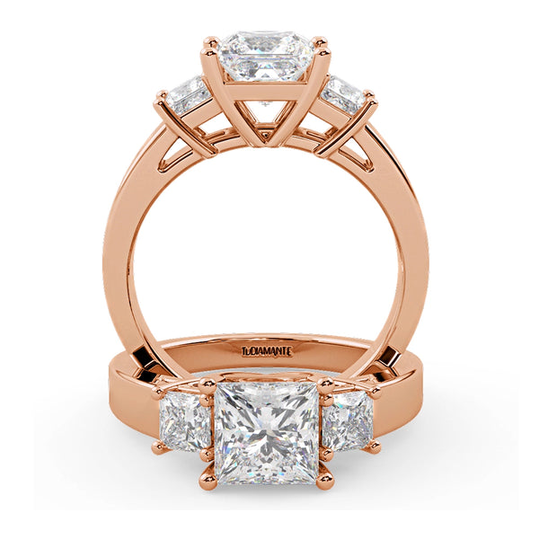 Montura Para Anillo de Compromiso Tres Piedras "Olympia" en Oro Rosa de 18K