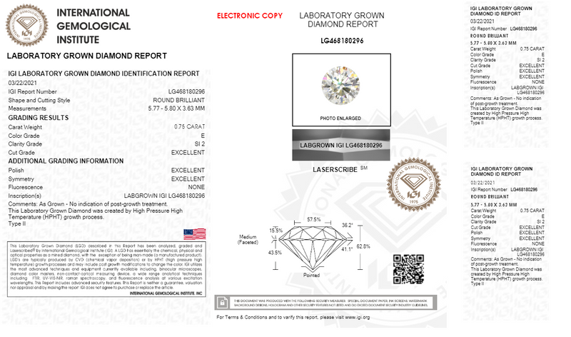 Diamante Cultivado Eco-Friendly Corte Redondo Ct 0.75 - E - SI2 - EX - Certificado IGI
