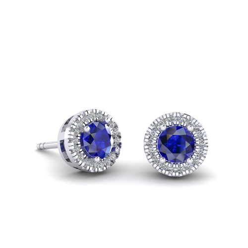 Aretes Redondo Con Zafiro Natural de 4.5mm y Halo de Diamantes en Oro Blanco de 14K