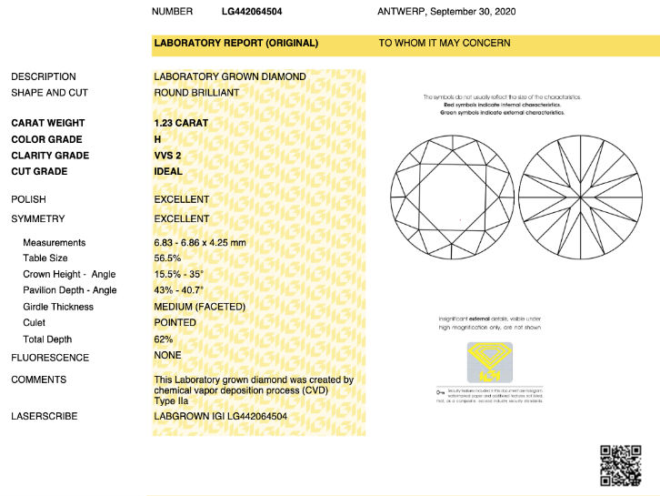 Diamante de Laboratorio Cultivado Corte Redondo 1.23qt - H - VVS2 - Certificado IGI