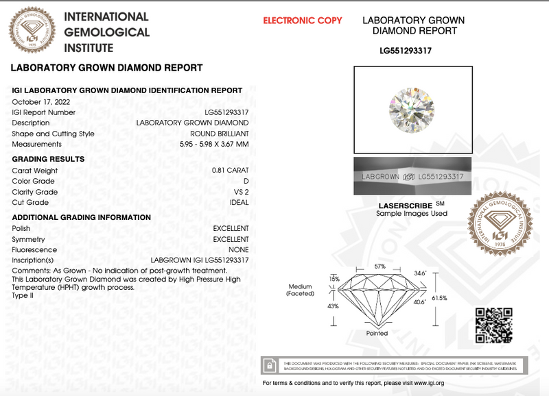 Diamante Cultivado Eco-Friendly Corte Redondo Ct 0.81 - D - VS2 - Certificado IGI