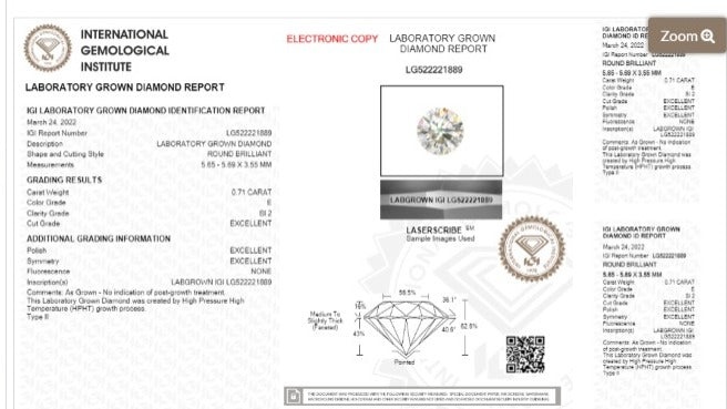 Diamante de Laboratorio Cultivado Corte Redondo 0.71qt - E - SI2 - Certificado IGI