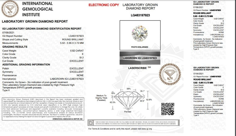 Diamante de Laboratorio Cultivado Corte Redondo 0.82qt - E - SI2 - Certificado IGI
