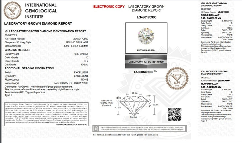 Diamante de Laboratorio Cultivado Corte Redondo 0.80qt - D - SI2 - Certificado IGI