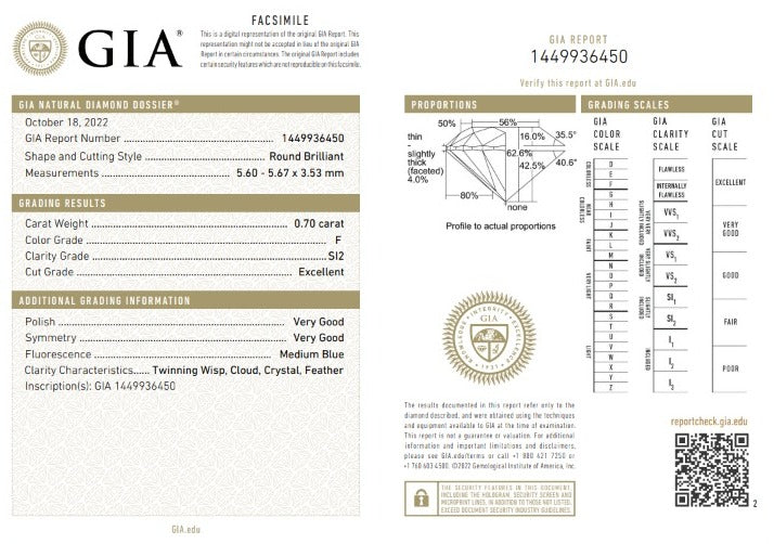 Diamante Natural Corte Redondo 0.70qt - F - SI2 -  Certificado GIA