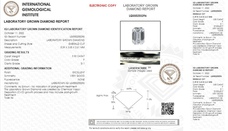 Diamante de Laboratorio Cultivado Corte Esmeralda 0.50qt - F - SI1 - Certificado IGI