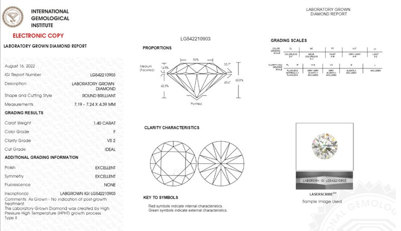 Diamante de Laboratorio Cultivado Corte Redondo 1.40ct - F - VS2- Certificado IGI