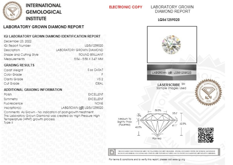 Diamante Cultivado Eco-Friendly Corte Redondo Ct 0.66 - F - VS2 - ID - Certificado IGI