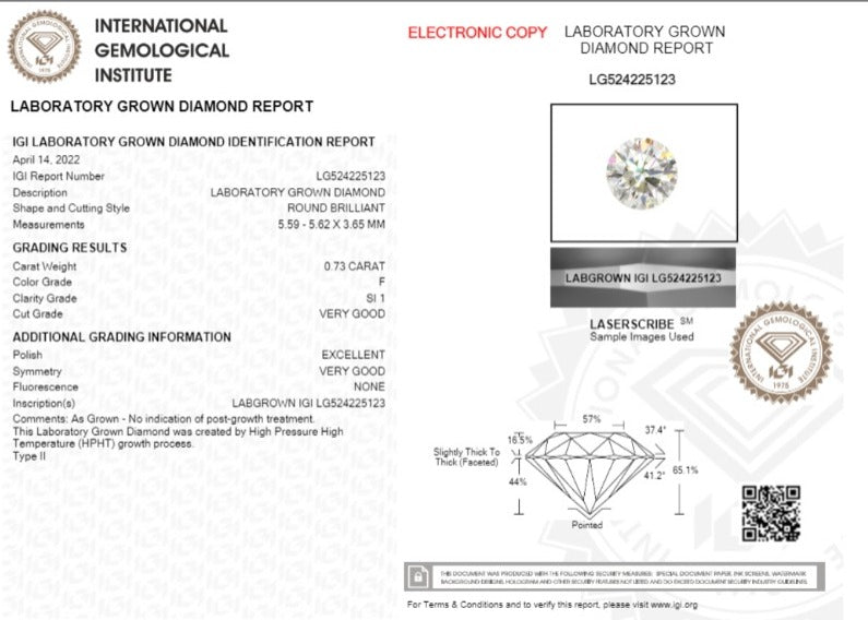 Diamante de Laboratorio Cultivado Corte Redondo 0.73qt - F - SI1 - Certificado IGI
