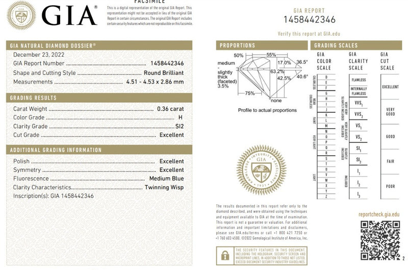Diamante Natural Corte Redondo 0.36qt - H - SI2 - Certificado GIA