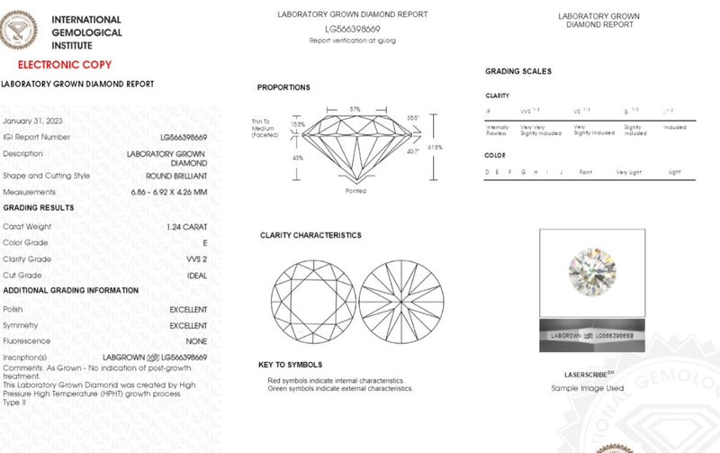 Diamante de Laboratorio Cultivado Corte Redondo 1.24qt - E - VVS2 - Certificado IGI