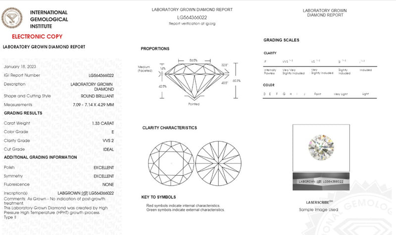 Diamante de Laboratorio Cultivado Corte Redondo 1.33qt - E - VVS2 - Certificado IGI