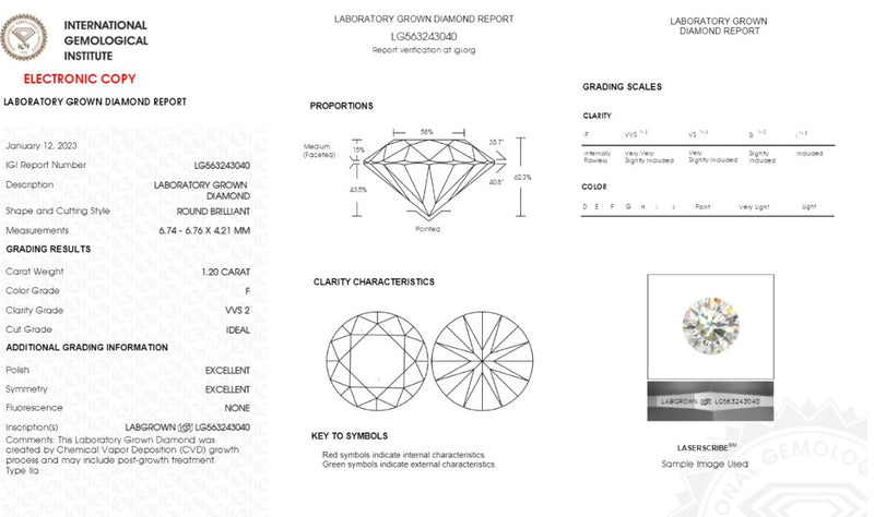 Diamante de Laboratorio Cultivado Corte Redondo 1.20qt - F - VVS2 - Certificado IGI
