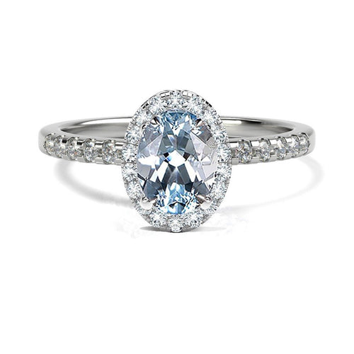 Anillo de Compromiso Halo y Pavé &quot;Lady Diana Aqua&quot; con Aguamarina Natural de 8x6mm en Oro de 14K