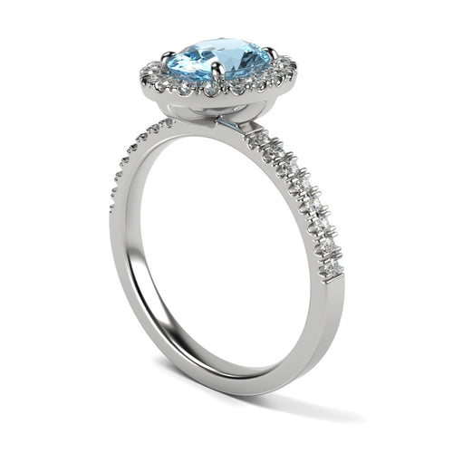 Anillo de Compromiso Halo y Pavé &quot;Lady Diana Aqua&quot; con Aguamarina Natural de 8x6mm en Oro de 14K
