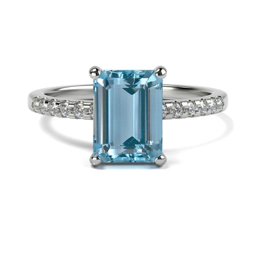 Anillo de Compromiso Pavé &quot;Meghan Markle Aqua&quot; con Aguamarina Natural de 8x6mm en Oro de 14K