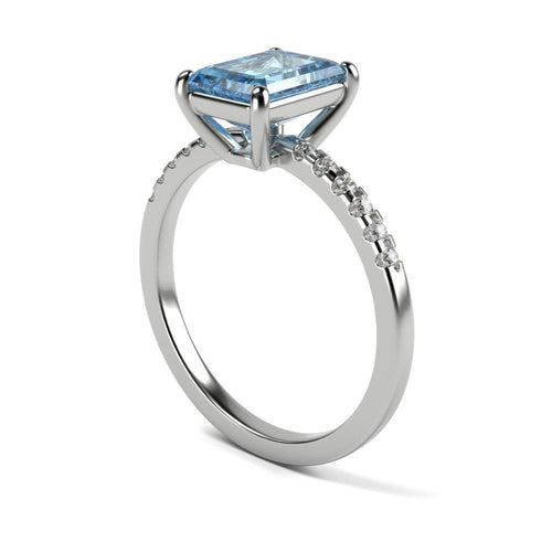Anillo de Compromiso Pavé &quot;Meghan Markle Aqua&quot; con Aguamarina Natural de 8x6mm en Oro de 14K