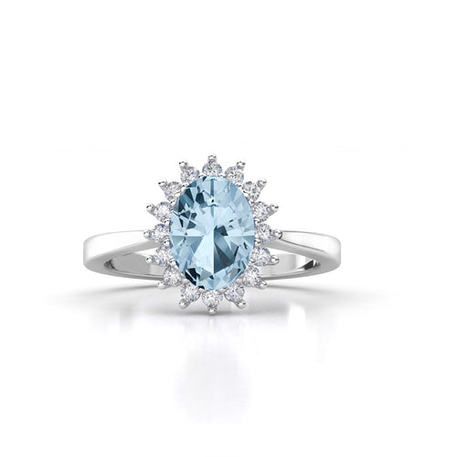Anillo de Compromiso Halo &quot;Kate Middleton Aqua&quot; con Aguamarina Natural de 8x6mm en Oro de 14K