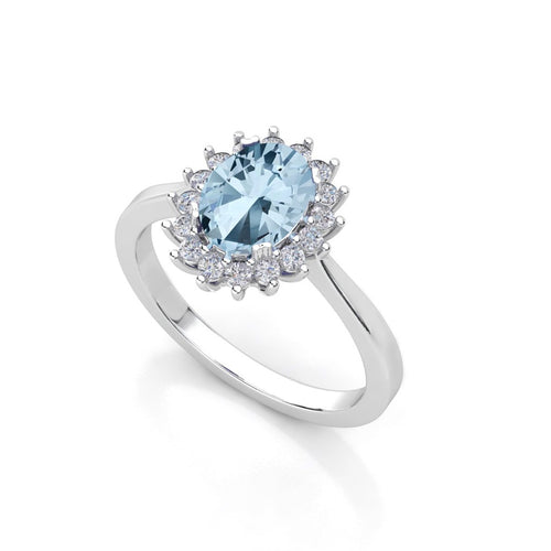 Anillo de Compromiso Halo &quot;Kate Middleton Aqua&quot; con Aguamarina Natural de 8x6mm en Oro de 14K