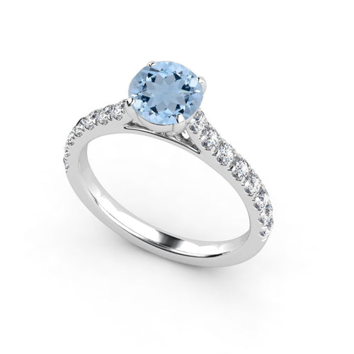 Anillo de Compromiso Pavé &quot;Royal Aqua&quot; con AguamarinaNatural de 6mm en Oro de 14K
