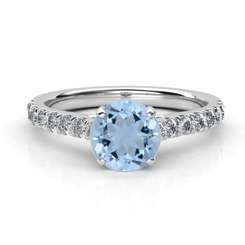 Anillo de Compromiso Pavé &quot;Royal Aqua&quot; con AguamarinaNatural de 6mm en Oro de 14K