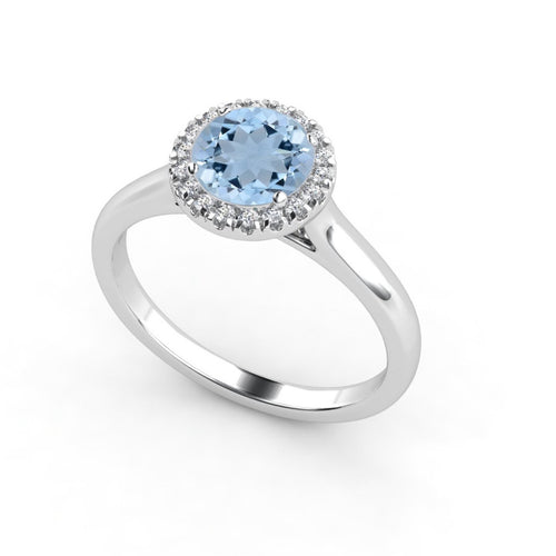 Anillo de Compromiso Halo &quot;Flare Aqua&quot; con Aguamarina Natural de 6mm en Oro de 14K