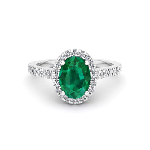 Anillo de Compromiso Halo y Pavé &quot;Lady Diana Emmerald&quot; con Esmeralda Natural de 7x5mm en Oro de 14K