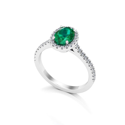 Anillo de Compromiso Halo y Pavé &quot;Lady Diana Emmerald&quot; con Esmeralda Natural de 7x5mm en Oro de 14K